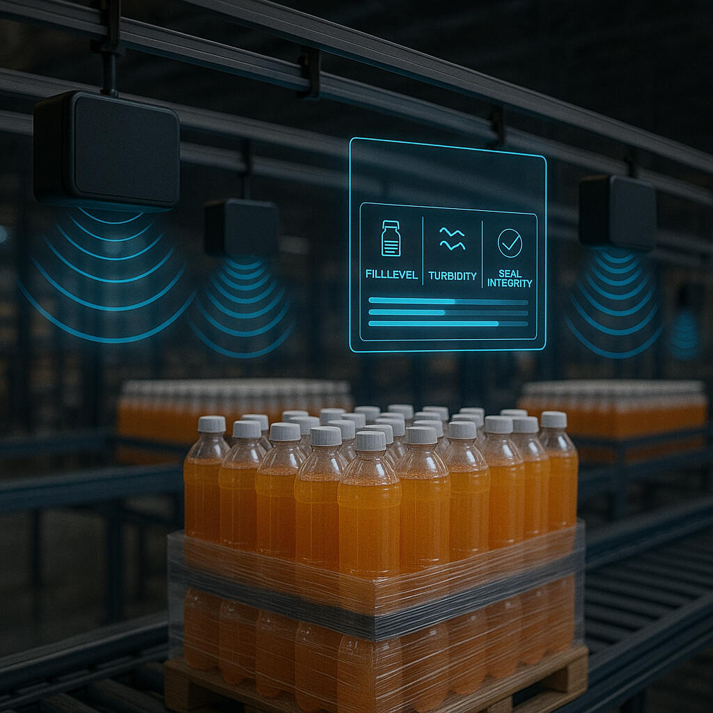 WaveSure A row of unbranded black sensors suspended from an overhead rail emits blue signal waves onto pallets of orange-liquid bottles, while a translucent holographic dashboard floats above, showing icons for fill level, turbidity, and seal integrity against a bl
