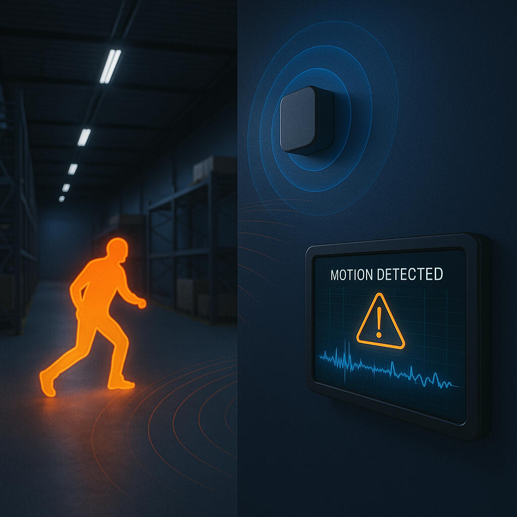 WaveGuard Inside a dim warehouse, a wall-mounted square RF sensor emits blue concentric waves while a nearby screen flashes “MOTION DETECTED”; an orange silhouette of an intruder crouches between storage racks, illustrating real-time, camera-free security detection.