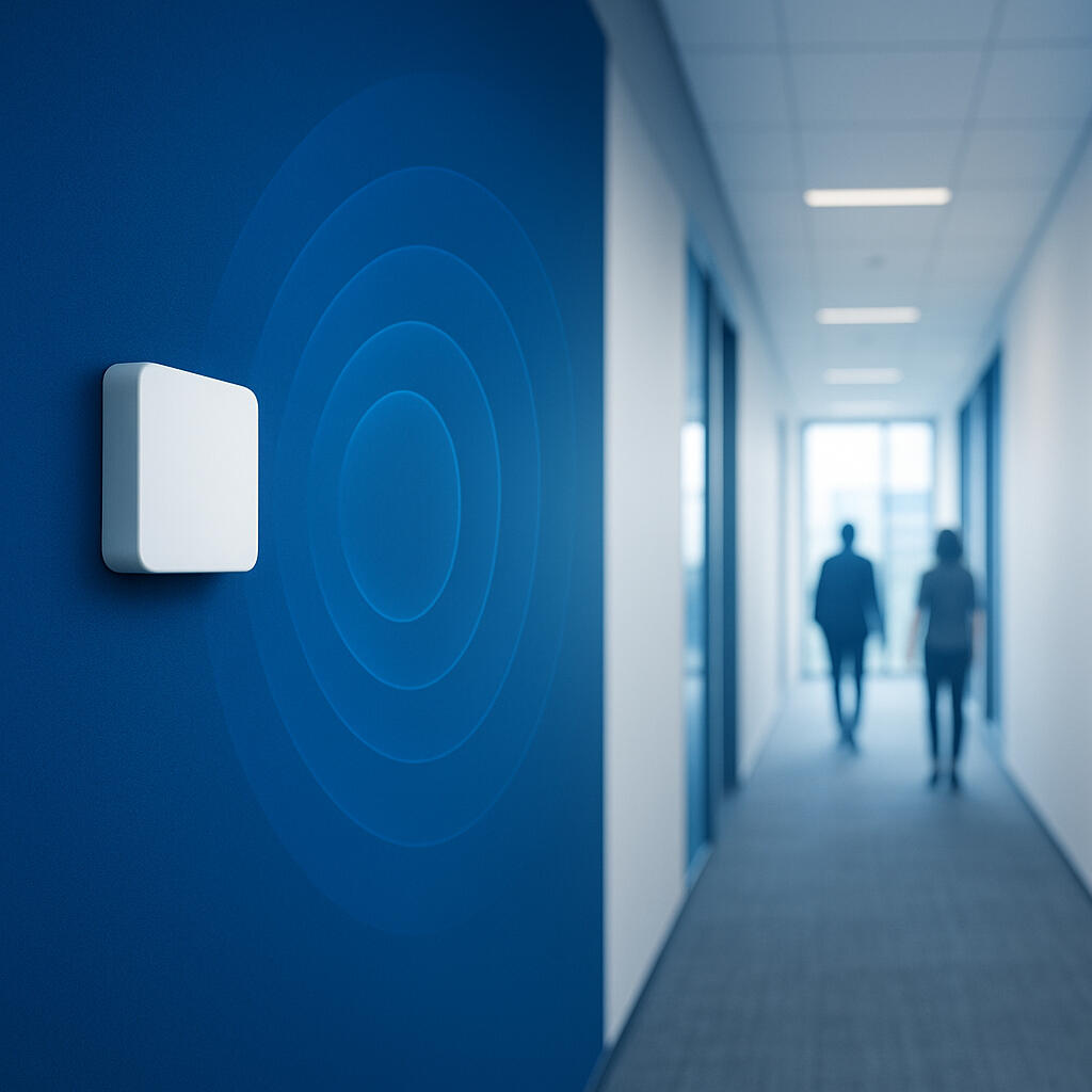 WaveSense A sun-lit office corridor with a deep-blue wall in the foreground; a small white square sensor emits faint blue concentric waves, while two blurry office workers walk toward bright windows at the far end.