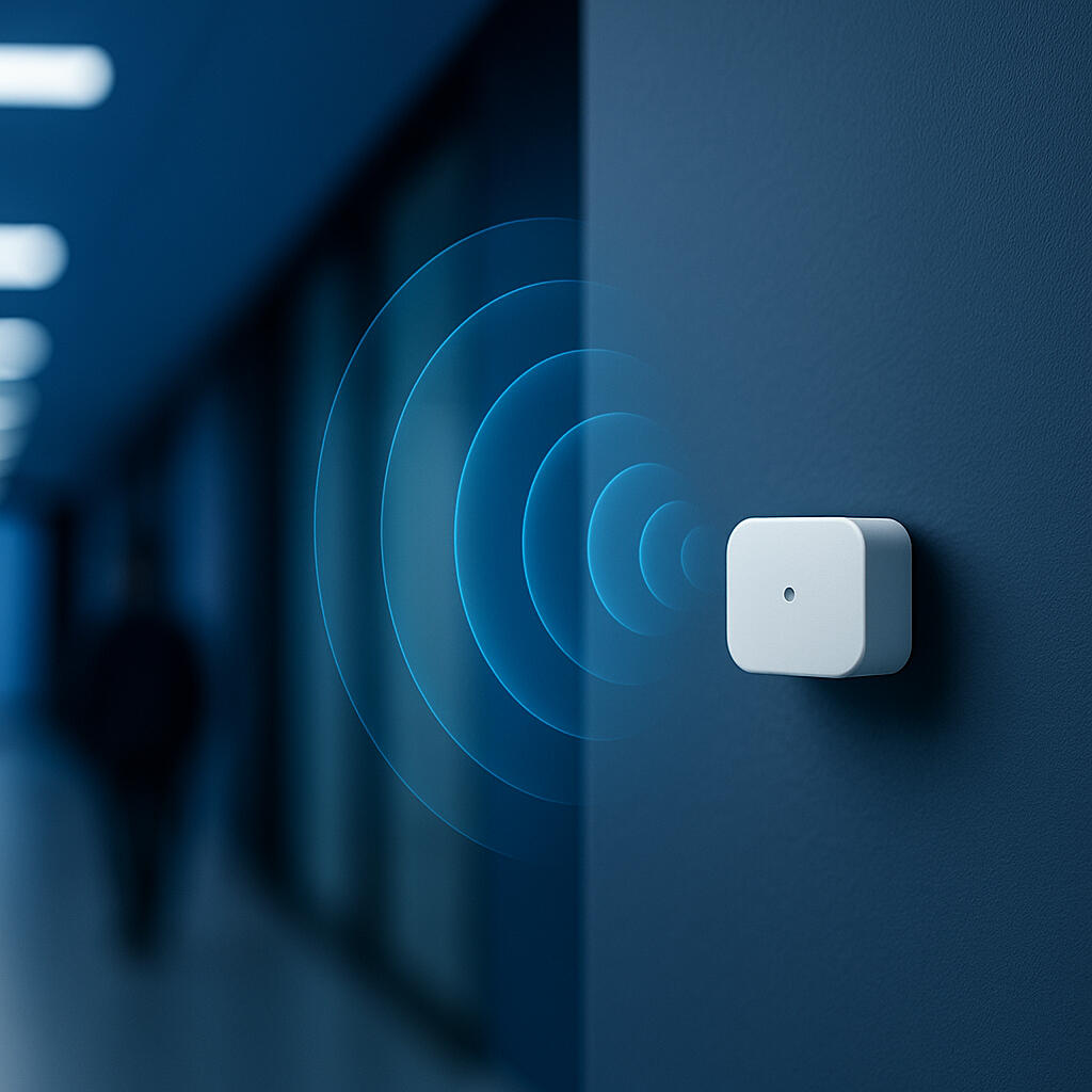 PreSense White square RF sensor mounted on a deep-blue office corridor wall emits soft, blue concentric waves toward two blurred figures, illustrating camera-free occupancy detection.