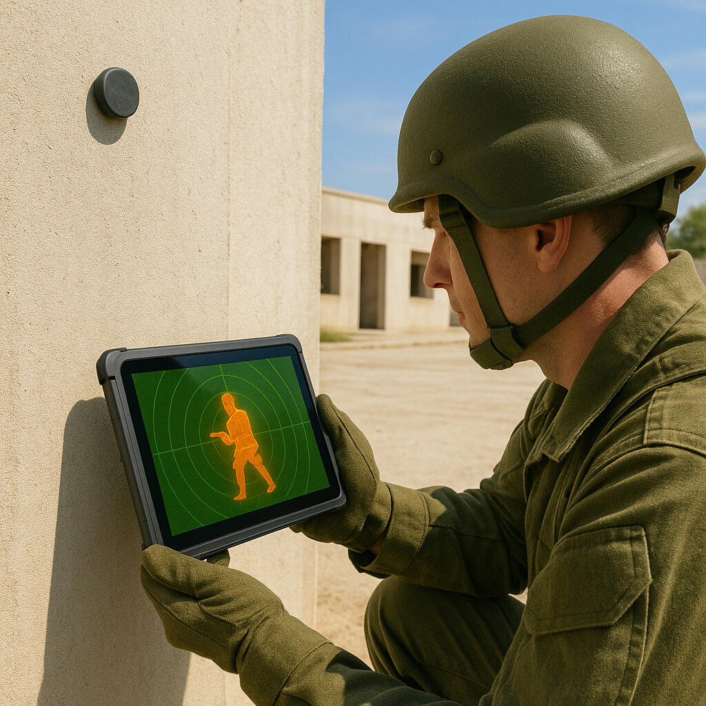 WaveRecon A soldier in camouflage holds a smartphone displaying a green radar screen; a tiny coin-sized sensor is mounted high in the doorway corner, revealing glowing orange outlines of two armed figures hidden behind the concrete wall ahead.