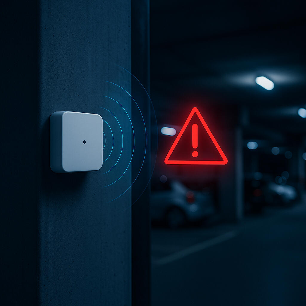 AirGuard Wall-mounted RF sensor on a dark industrial doorway at night projects blue signal arcs that intersect a glowing red warning triangle, depicting RF anomaly detection for security.