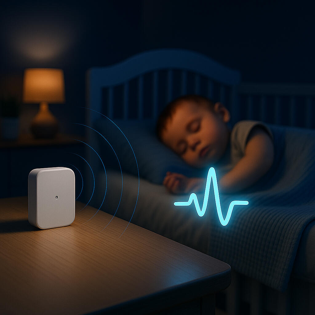WaveNest Small white baby monitor on a bedside table sends faint blue waves toward a sleeping infant in a crib, with a cyan heartbeat waveform overlay showing contactless breathing monitoring.